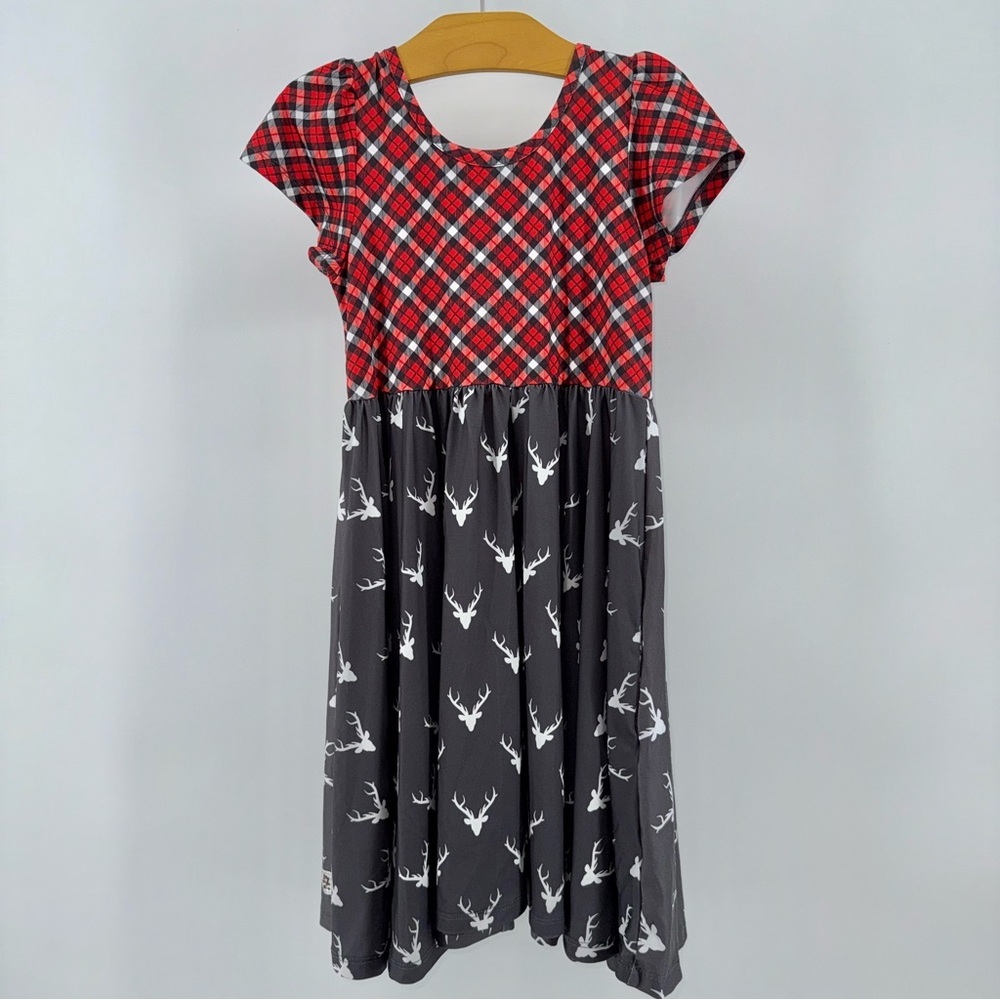 Charlies Project Red Plaid and Gray Deer Print Holiday Christmas Dress